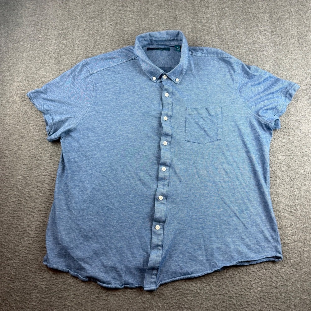 Perry Ellis Button Down‎ Shirt Men's XXL Blue Short Sleeve Cotton Casual Pocket